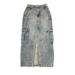 Love, Fire Denim Skirt Juniors Size XS, 1 Cargo Pockets Maxi w/ Front Slit Y2K